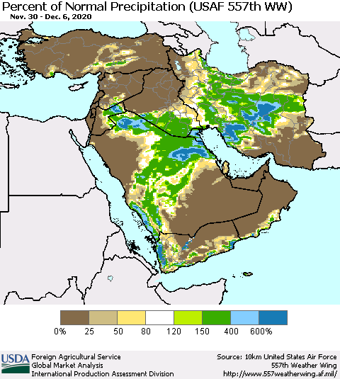 Middle East and Turkey Percent of Normal Precipitation (USAF 557th WW) Thematic Map For 11/30/2020 - 12/6/2020