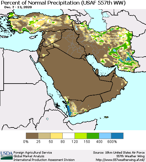 Middle East and Turkey Percent of Normal Precipitation (USAF 557th WW) Thematic Map For 12/7/2020 - 12/13/2020
