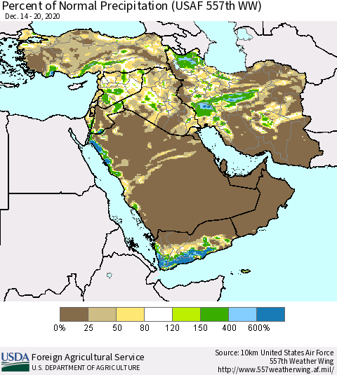 Middle East and Turkey Percent of Normal Precipitation (USAF 557th WW) Thematic Map For 12/14/2020 - 12/20/2020