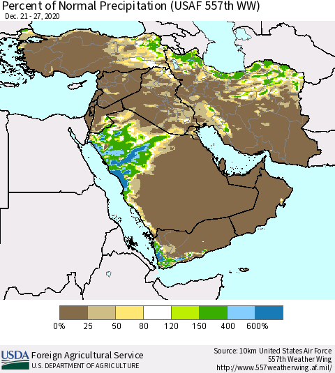 Middle East and Turkey Percent of Normal Precipitation (USAF 557th WW) Thematic Map For 12/21/2020 - 12/27/2020