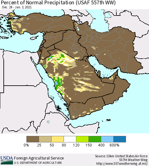 Middle East and Turkey Percent of Normal Precipitation (USAF 557th WW) Thematic Map For 12/28/2020 - 1/3/2021