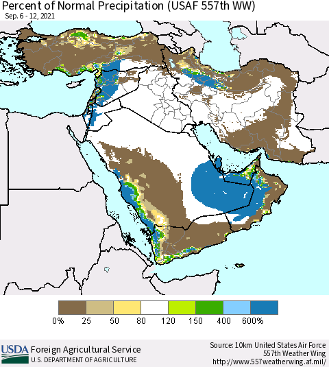 Middle East and Turkey Percent of Normal Precipitation (USAF 557th WW) Thematic Map For 9/6/2021 - 9/12/2021