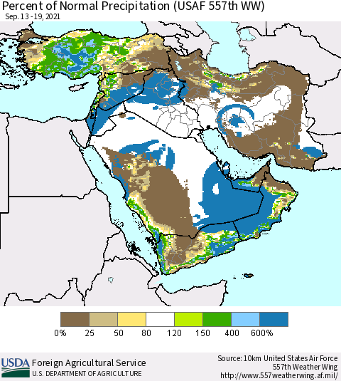 Middle East and Turkey Percent of Normal Precipitation (USAF 557th WW) Thematic Map For 9/13/2021 - 9/19/2021