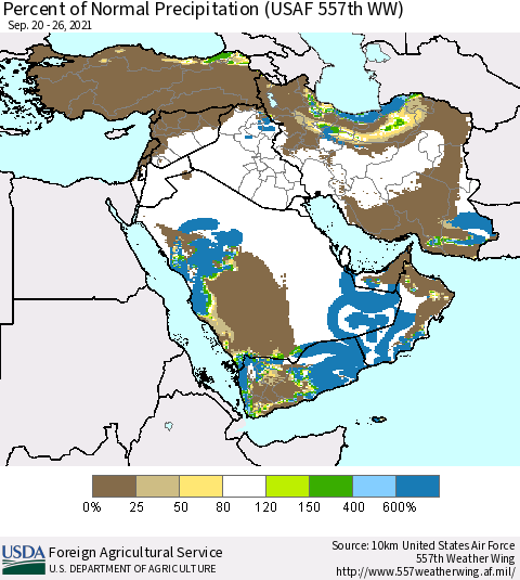 Middle East and Turkey Percent of Normal Precipitation (USAF 557th WW) Thematic Map For 9/20/2021 - 9/26/2021