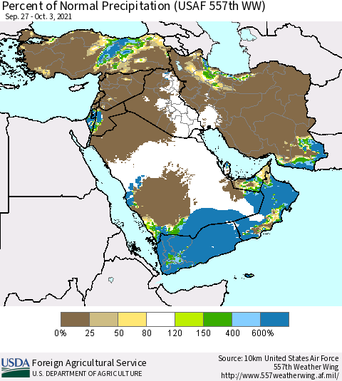 Middle East and Turkey Percent of Normal Precipitation (USAF 557th WW) Thematic Map For 9/27/2021 - 10/3/2021