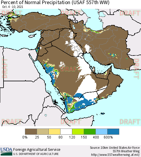 Middle East and Turkey Percent of Normal Precipitation (USAF 557th WW) Thematic Map For 10/4/2021 - 10/10/2021