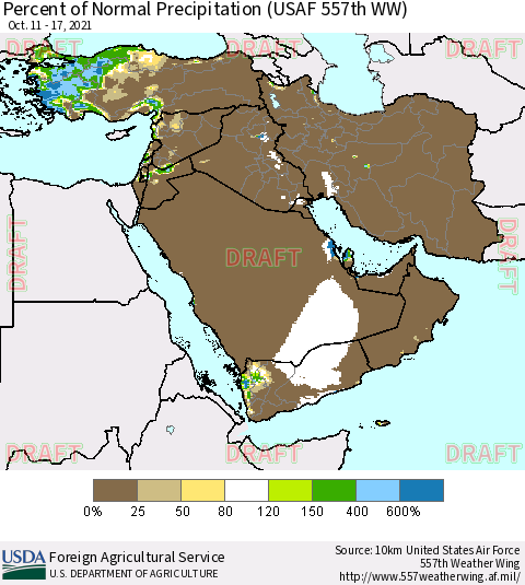 Middle East and Turkey Percent of Normal Precipitation (USAF 557th WW) Thematic Map For 10/11/2021 - 10/17/2021