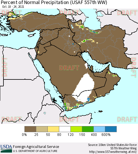 Middle East and Turkey Percent of Normal Precipitation (USAF 557th WW) Thematic Map For 10/18/2021 - 10/24/2021