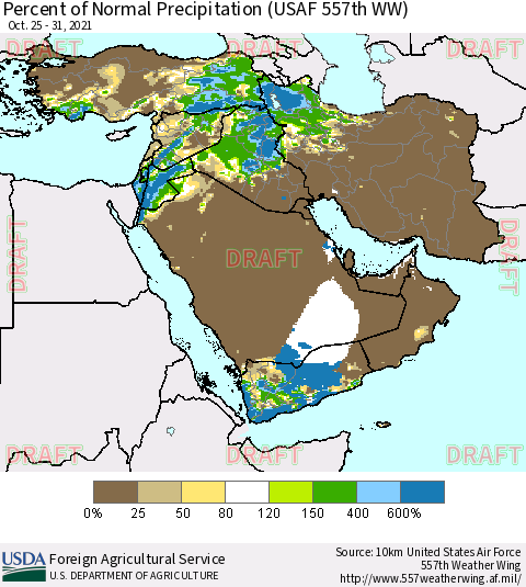 Middle East and Turkey Percent of Normal Precipitation (USAF 557th WW) Thematic Map For 10/25/2021 - 10/31/2021