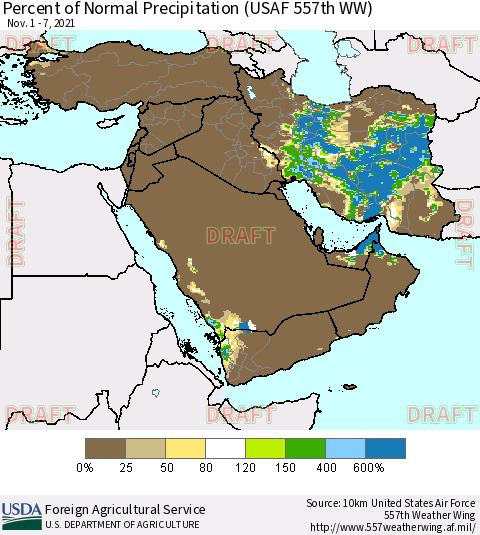 Middle East and Turkey Percent of Normal Precipitation (USAF 557th WW) Thematic Map For 11/1/2021 - 11/7/2021