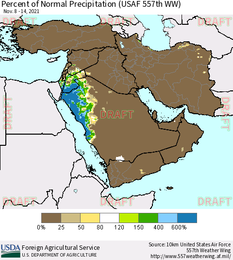 Middle East and Turkey Percent of Normal Precipitation (USAF 557th WW) Thematic Map For 11/8/2021 - 11/14/2021