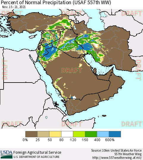 Middle East and Turkey Percent of Normal Precipitation (USAF 557th WW) Thematic Map For 11/15/2021 - 11/21/2021