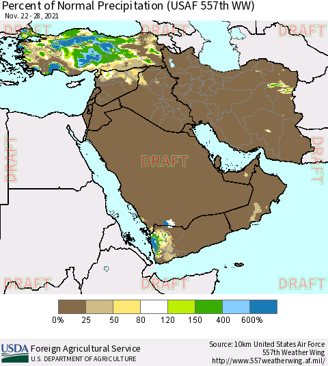 Middle East and Turkey Percent of Normal Precipitation (USAF 557th WW) Thematic Map For 11/22/2021 - 11/28/2021