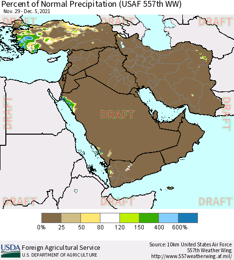 Middle East and Turkey Percent of Normal Precipitation (USAF 557th WW) Thematic Map For 11/29/2021 - 12/5/2021