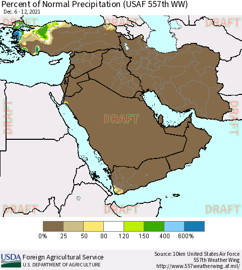 Middle East and Turkey Percent of Normal Precipitation (USAF 557th WW) Thematic Map For 12/6/2021 - 12/12/2021