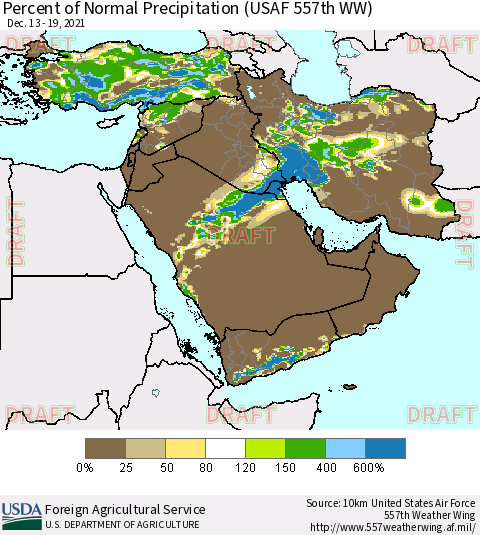 Middle East and Turkey Percent of Normal Precipitation (USAF 557th WW) Thematic Map For 12/13/2021 - 12/19/2021