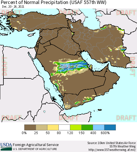 Middle East and Turkey Percent of Normal Precipitation (USAF 557th WW) Thematic Map For 12/20/2021 - 12/26/2021