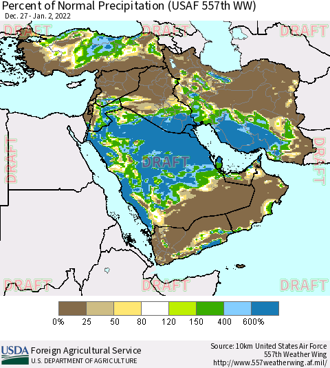 Middle East and Turkey Percent of Normal Precipitation (USAF 557th WW) Thematic Map For 12/27/2021 - 1/2/2022