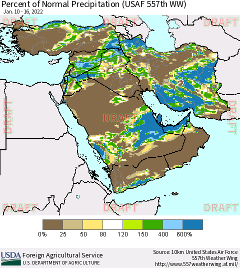 Middle East and Turkey Percent of Normal Precipitation (USAF 557th WW) Thematic Map For 1/10/2022 - 1/16/2022