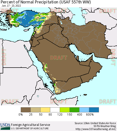 Middle East and Turkey Percent of Normal Precipitation (USAF 557th WW) Thematic Map For 1/17/2022 - 1/23/2022