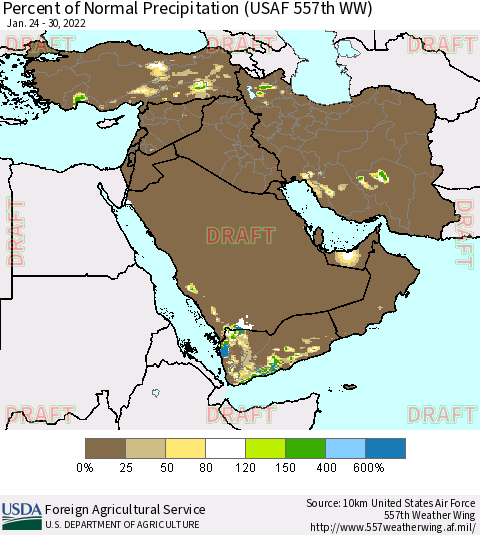 Middle East and Turkey Percent of Normal Precipitation (USAF 557th WW) Thematic Map For 1/24/2022 - 1/30/2022