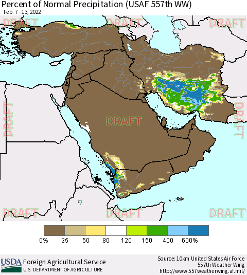 Middle East and Turkey Percent of Normal Precipitation (USAF 557th WW) Thematic Map For 2/7/2022 - 2/13/2022