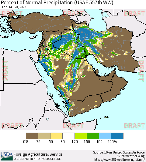 Middle East and Turkey Percent of Normal Precipitation (USAF 557th WW) Thematic Map For 2/14/2022 - 2/20/2022