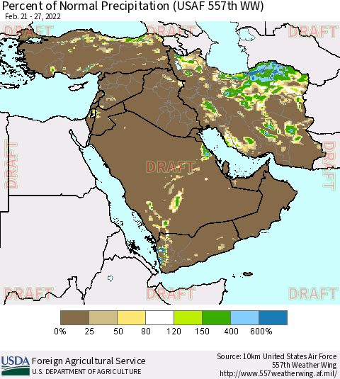 Middle East and Turkey Percent of Normal Precipitation (USAF 557th WW) Thematic Map For 2/21/2022 - 2/27/2022