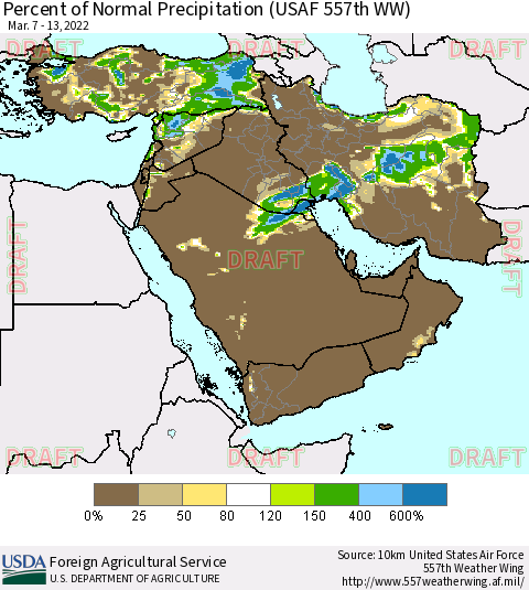 Middle East and Turkey Percent of Normal Precipitation (USAF 557th WW) Thematic Map For 3/7/2022 - 3/13/2022