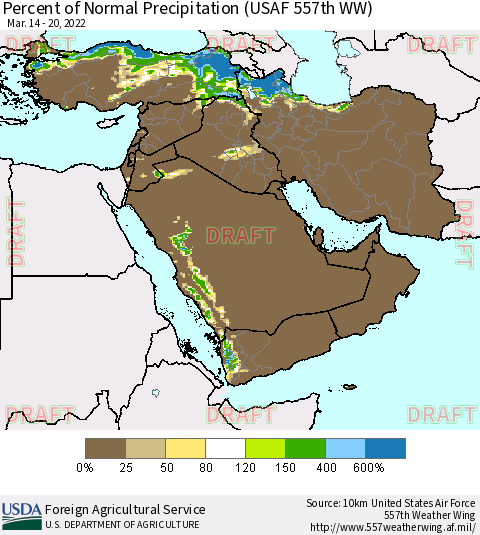 Middle East and Turkey Percent of Normal Precipitation (USAF 557th WW) Thematic Map For 3/14/2022 - 3/20/2022