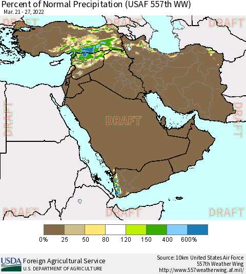 Middle East and Turkey Percent of Normal Precipitation (USAF 557th WW) Thematic Map For 3/21/2022 - 3/27/2022