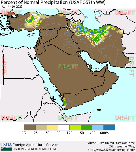 Middle East and Turkey Percent of Normal Precipitation (USAF 557th WW) Thematic Map For 4/4/2022 - 4/10/2022
