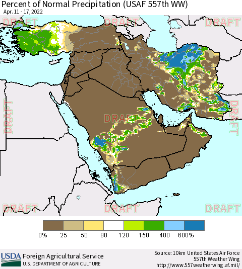 Middle East and Turkey Percent of Normal Precipitation (USAF 557th WW) Thematic Map For 4/11/2022 - 4/17/2022