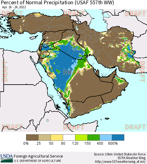 Middle East and Turkey Percent of Normal Precipitation (USAF 557th WW) Thematic Map For 4/18/2022 - 4/24/2022