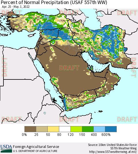 Middle East and Turkey Percent of Normal Precipitation (USAF 557th WW) Thematic Map For 4/25/2022 - 5/1/2022