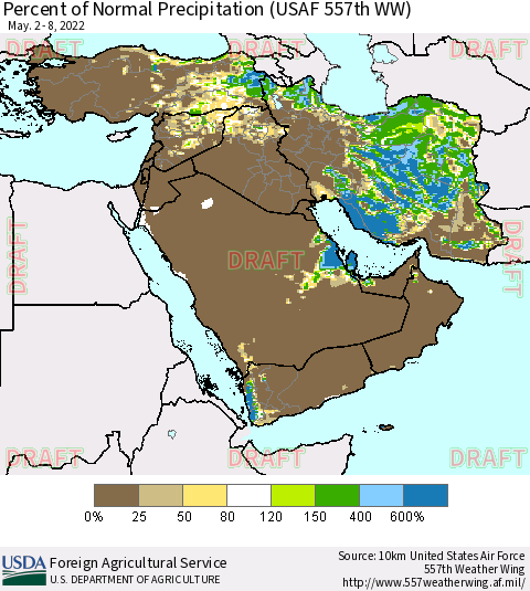 Middle East and Turkey Percent of Normal Precipitation (USAF 557th WW) Thematic Map For 5/2/2022 - 5/8/2022