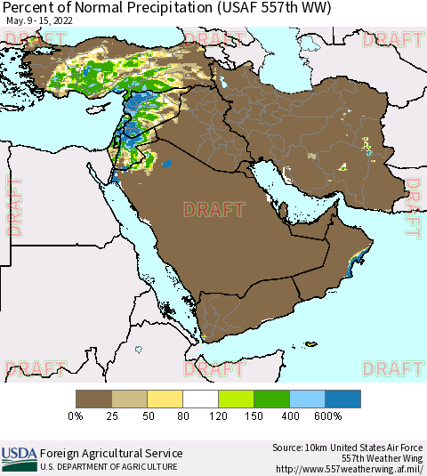 Middle East and Turkey Percent of Normal Precipitation (USAF 557th WW) Thematic Map For 5/9/2022 - 5/15/2022