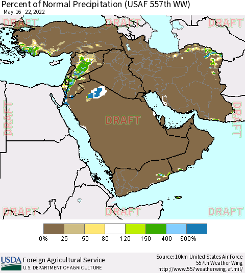 Middle East and Turkey Percent of Normal Precipitation (USAF 557th WW) Thematic Map For 5/16/2022 - 5/22/2022
