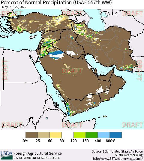 Middle East and Turkey Percent of Normal Precipitation (USAF 557th WW) Thematic Map For 5/23/2022 - 5/29/2022