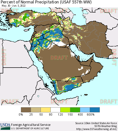 Middle East and Turkey Percent of Normal Precipitation (USAF 557th WW) Thematic Map For 5/30/2022 - 6/5/2022