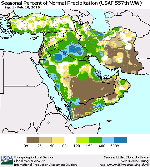 Middle East and Turkey Seasonal Percent of Normal Precipitation (USAF 557th WW) Thematic Map For 9/1/2018 - 2/10/2019