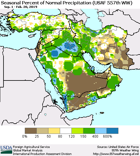 Middle East and Turkey Seasonal Percent of Normal Precipitation (USAF 557th WW) Thematic Map For 9/1/2018 - 2/20/2019