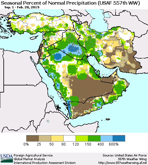 Middle East and Turkey Seasonal Percent of Normal Precipitation (USAF 557th WW) Thematic Map For 9/1/2018 - 2/28/2019