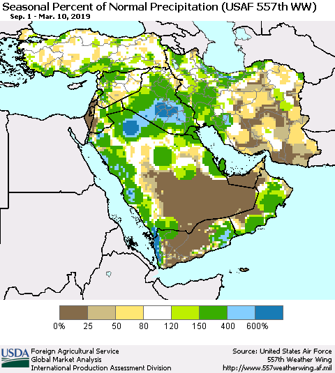 Middle East and Turkey Seasonal Percent of Normal Precipitation (USAF 557th WW) Thematic Map For 9/1/2018 - 3/10/2019