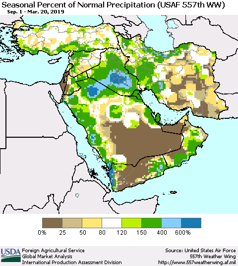 Middle East and Turkey Seasonal Percent of Normal Precipitation (USAF 557th WW) Thematic Map For 9/1/2018 - 3/20/2019