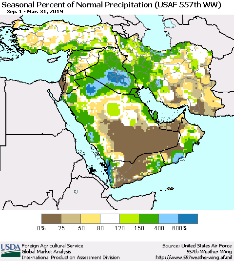 Middle East and Turkey Seasonal Percent of Normal Precipitation (USAF 557th WW) Thematic Map For 9/1/2018 - 3/31/2019