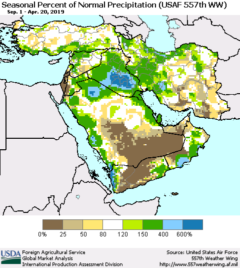 Middle East and Turkey Seasonal Percent of Normal Precipitation (USAF 557th WW) Thematic Map For 9/1/2018 - 4/20/2019