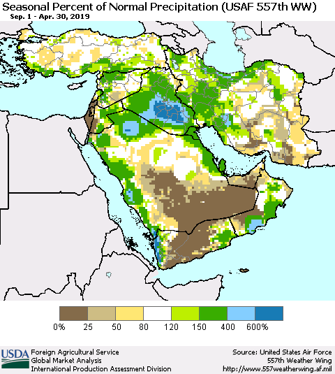 Middle East and Turkey Seasonal Percent of Normal Precipitation (USAF 557th WW) Thematic Map For 9/1/2018 - 4/30/2019
