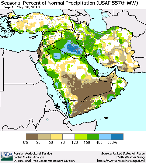 Middle East and Turkey Seasonal Percent of Normal Precipitation (USAF 557th WW) Thematic Map For 9/1/2018 - 5/10/2019