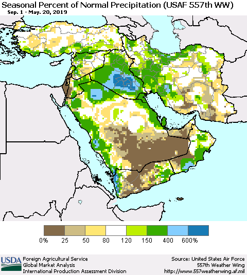 Middle East and Turkey Seasonal Percent of Normal Precipitation (USAF 557th WW) Thematic Map For 9/1/2018 - 5/20/2019
